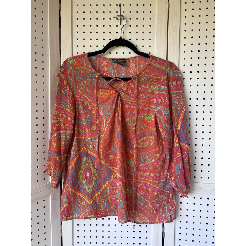 Lauren Ralph Lauren Jeans Co Womens M Boho Paisley 3/4 Top Lace Up Orange Cotton